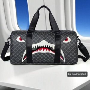 Men's Black and Gray Shark Duffel Bag